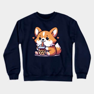 cute corgi with a big fan of boba Crewneck Sweatshirt